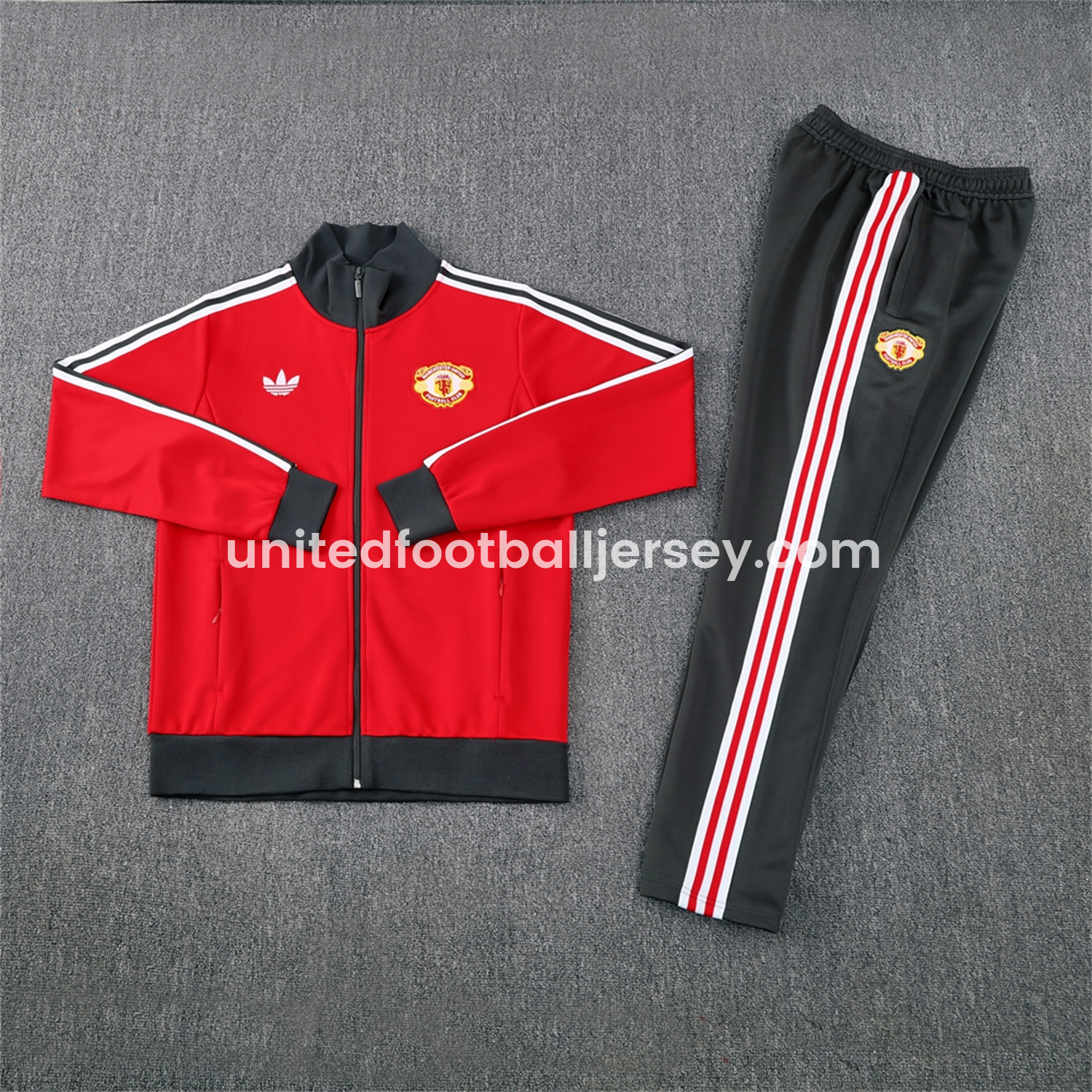 Manchester United 24-25 Throwback Jacket Training Tracksuit - Red Jackets & Grey Pants - ManixJersey