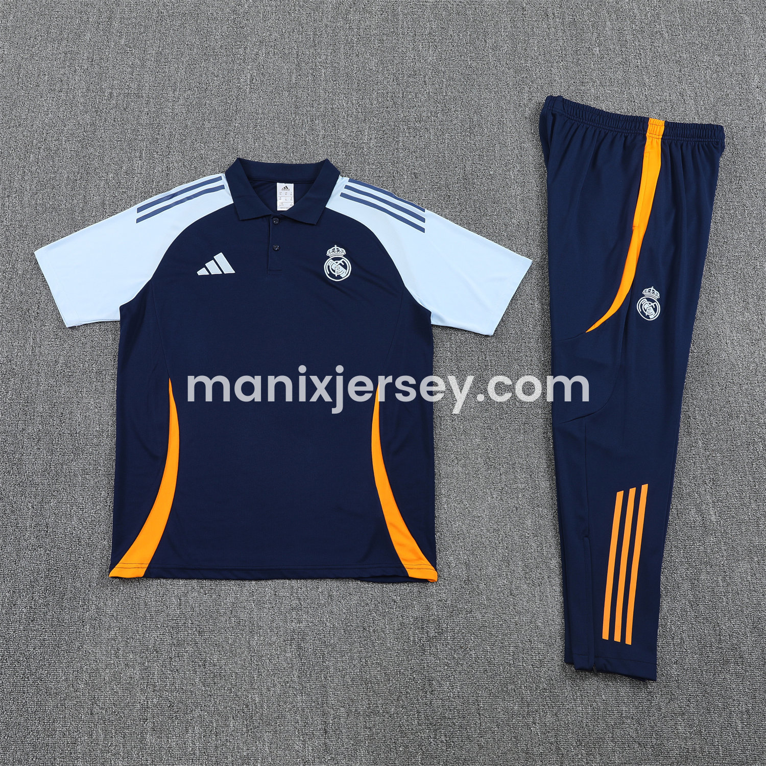 Real Madrid 25-26 POLO Short-Sleeve Training Set - Deep Blue Top and Pants with Yellow Stripes - ManixJersey