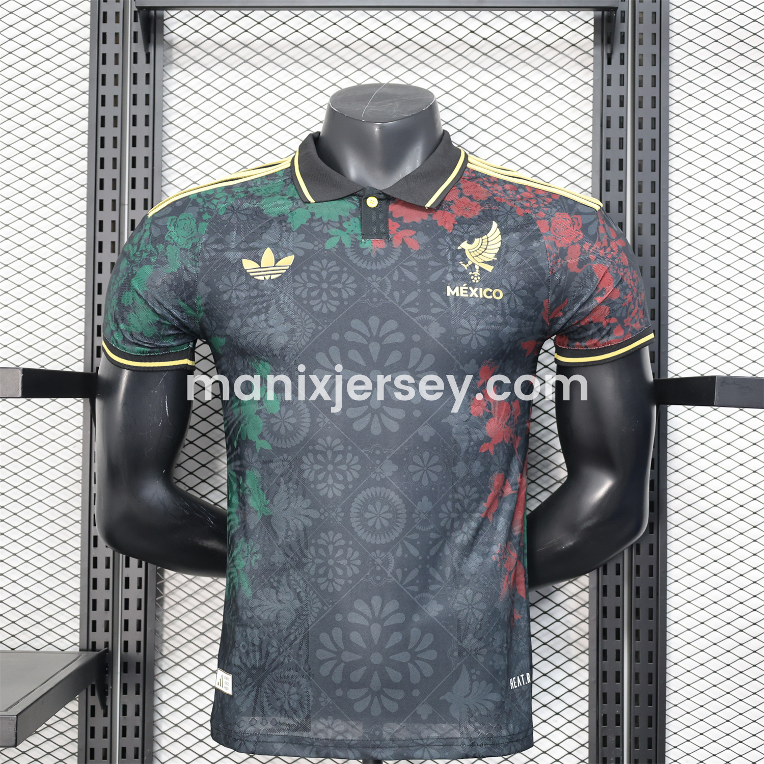 Mexico 25-26 Black Polo Jersey with Red and Green Floral Pattern - Player Version - ManixJersey