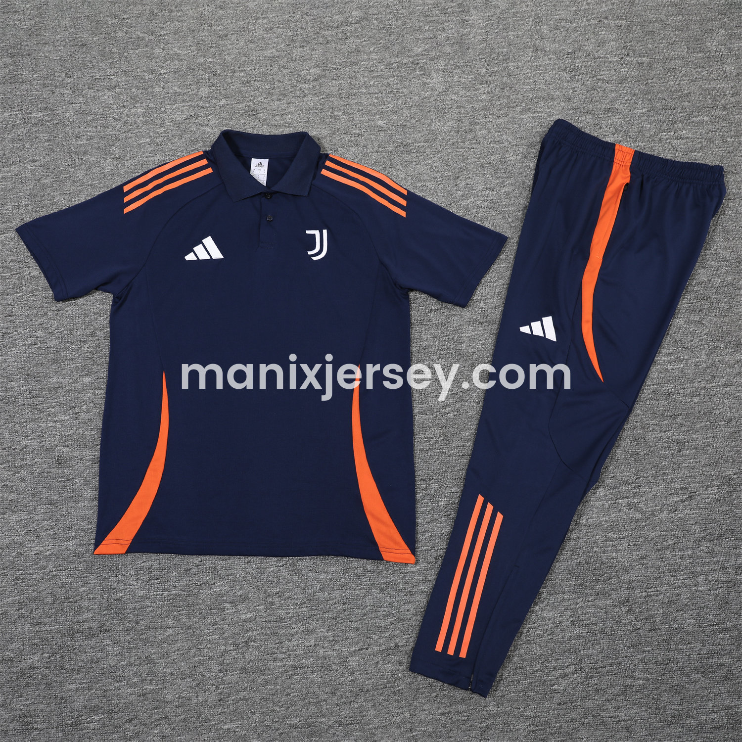 Juventus 25-26 POLO Short-Sleeve Training Set - Deep Blue Top and Pants with Orange Stripes - ManixJersey
