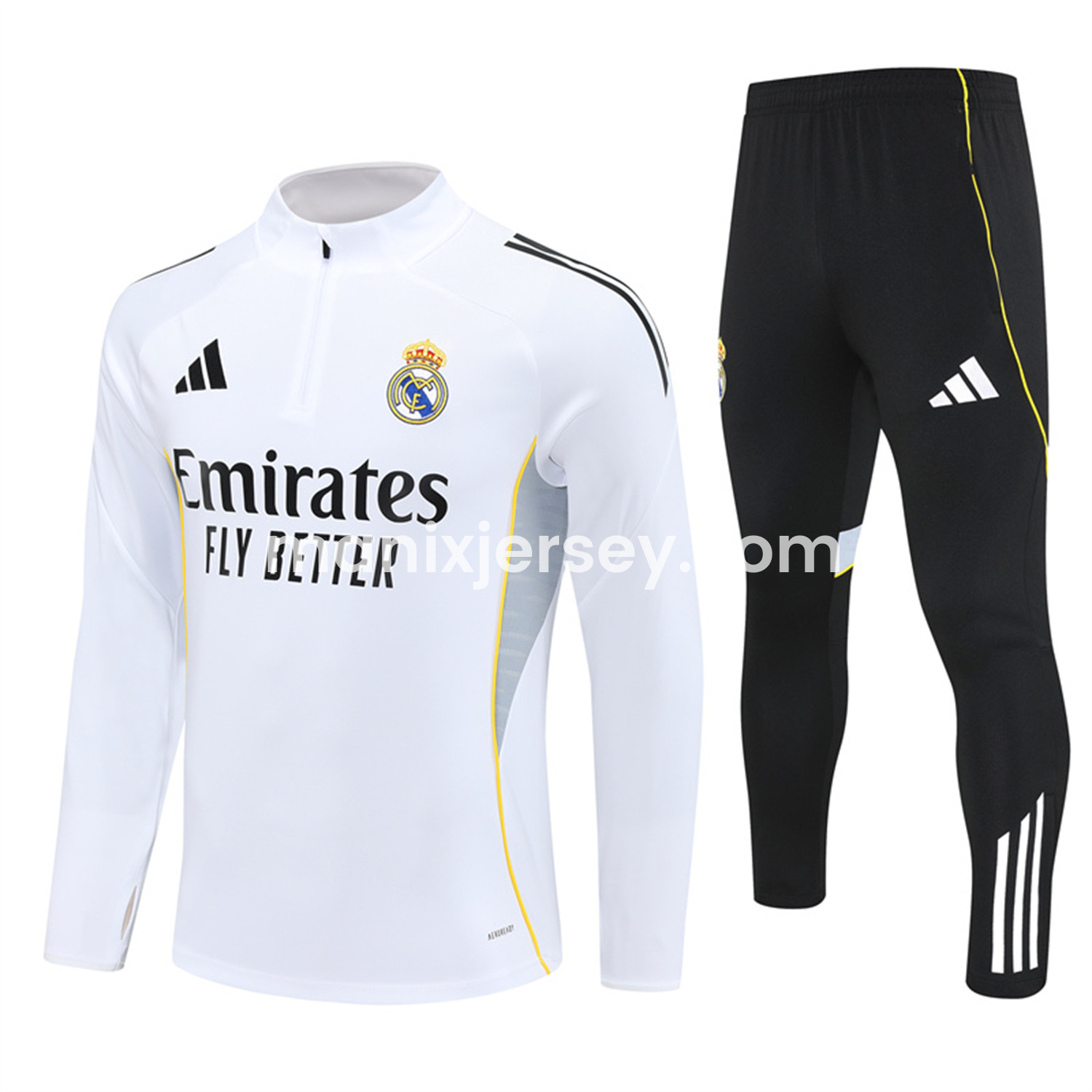 Real Madrid 25-26 Kids Long Sleeve Training Set - Yellow Line White Top and Black Shorts - ManixJersey