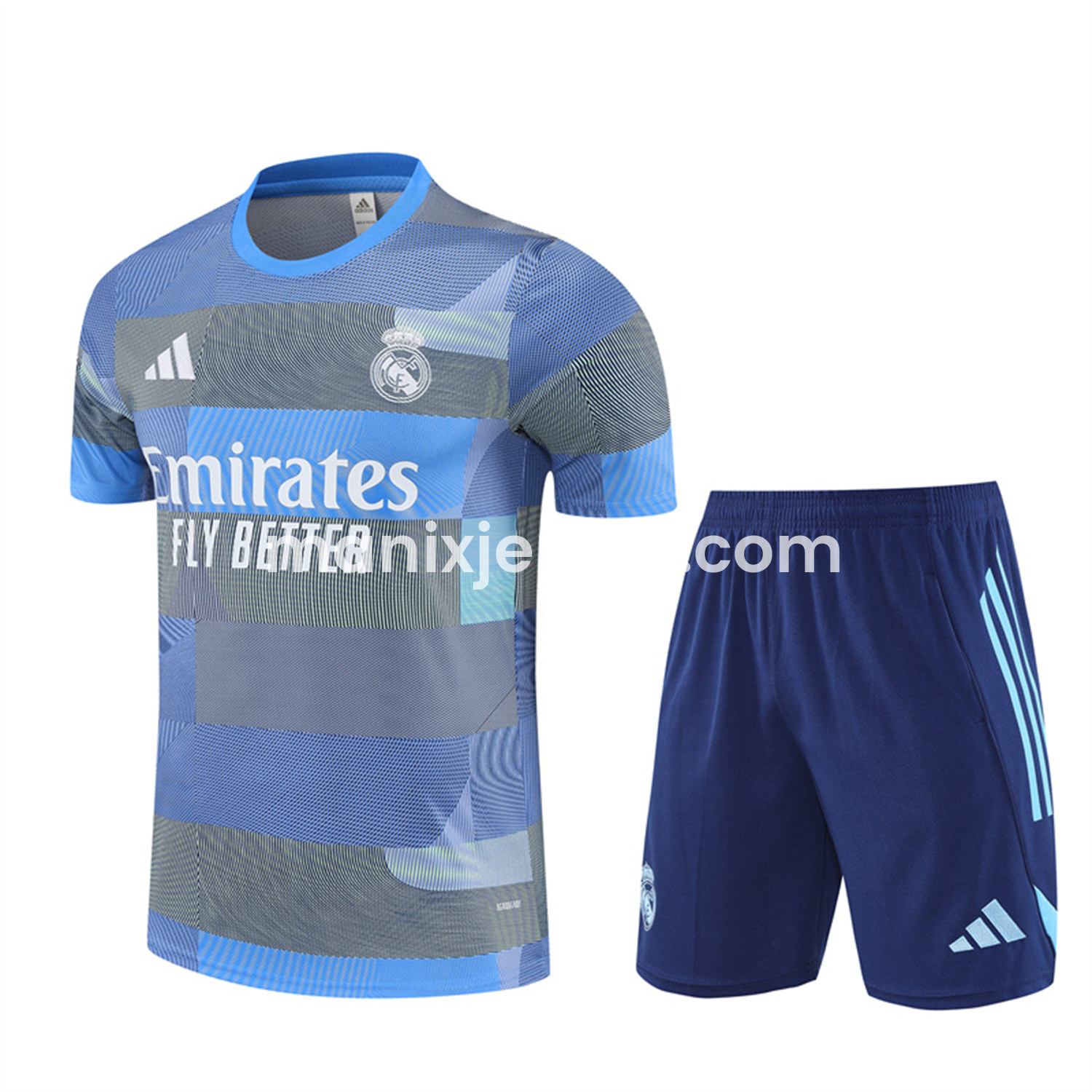 Real Madrid 25-26 Pre-Match Short-Sleeve Training Set - Blue-Gray Camouflage Top and Blue Shorts - ManixJersey