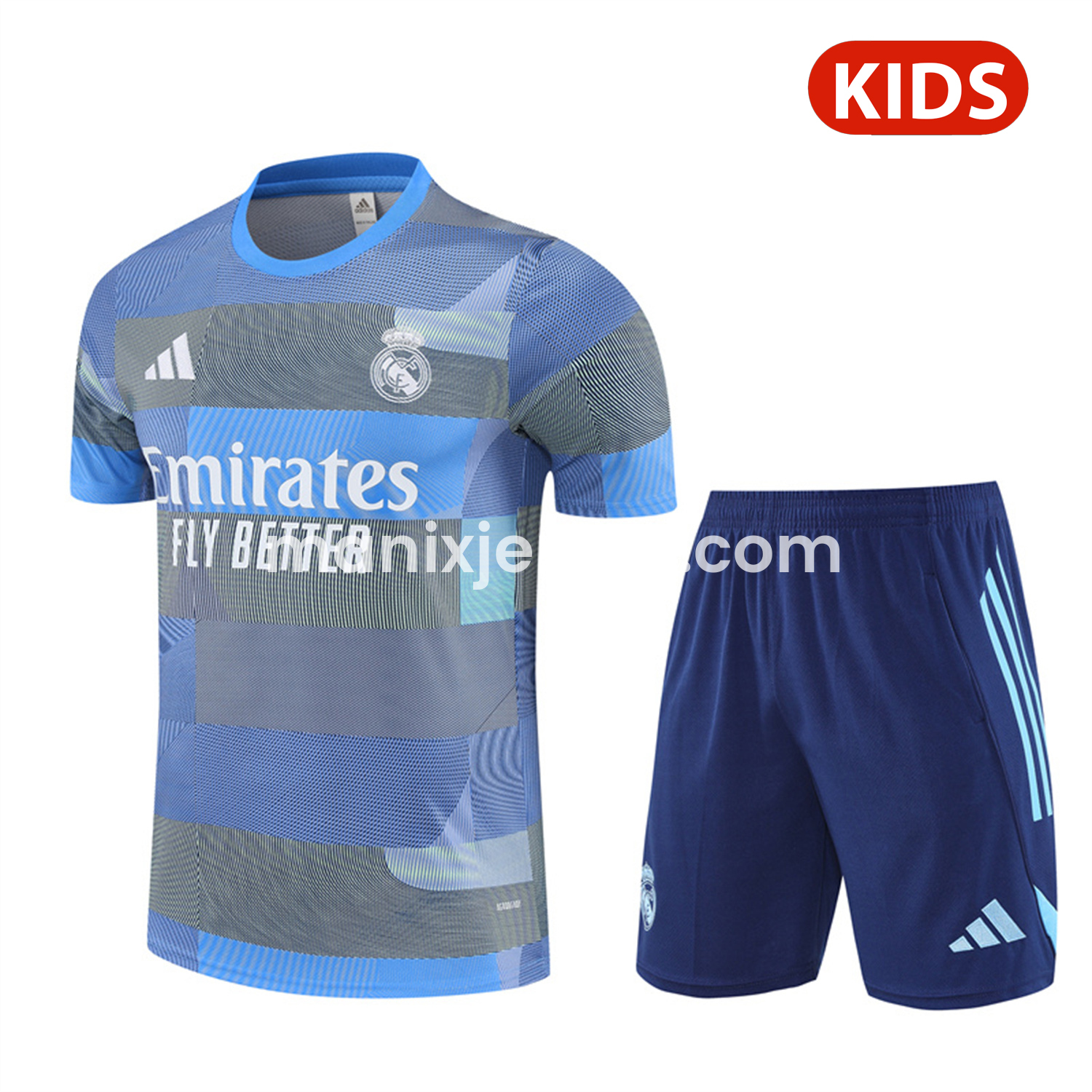 Real Madrid 25-26 Pre-Match Kids Short-Sleeve Training Set - Blue-Gray Camouflage Top and Blue Shorts - ManixJersey