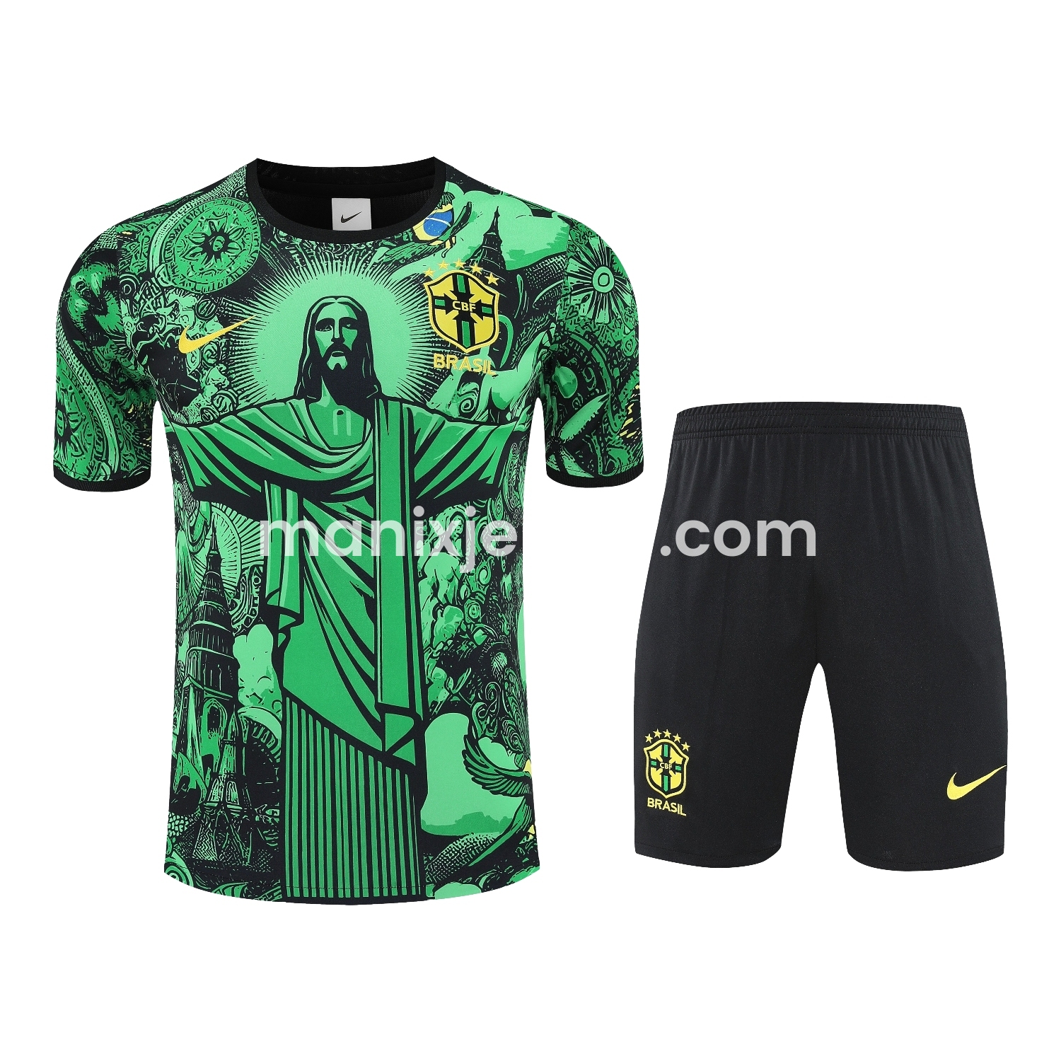 Brazil 25-26 Green Jesus Statue Short-Sleeve Training Set - Green Top & Black Shorts - ManixJersey
