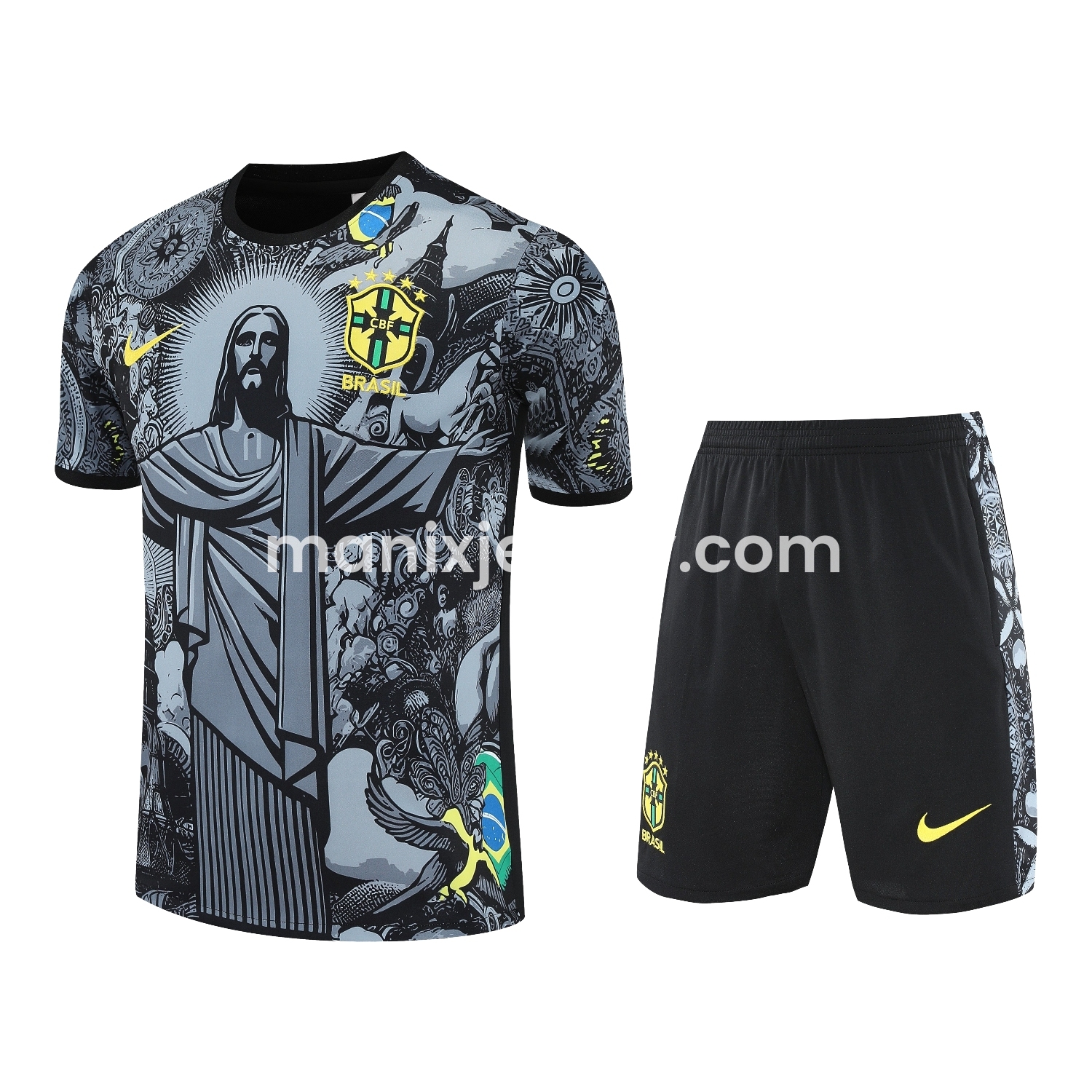 Brazil 25-26 Gray Jesus Statue Short-Sleeve Training Set - Gray Top & Black Shorts - ManixJersey