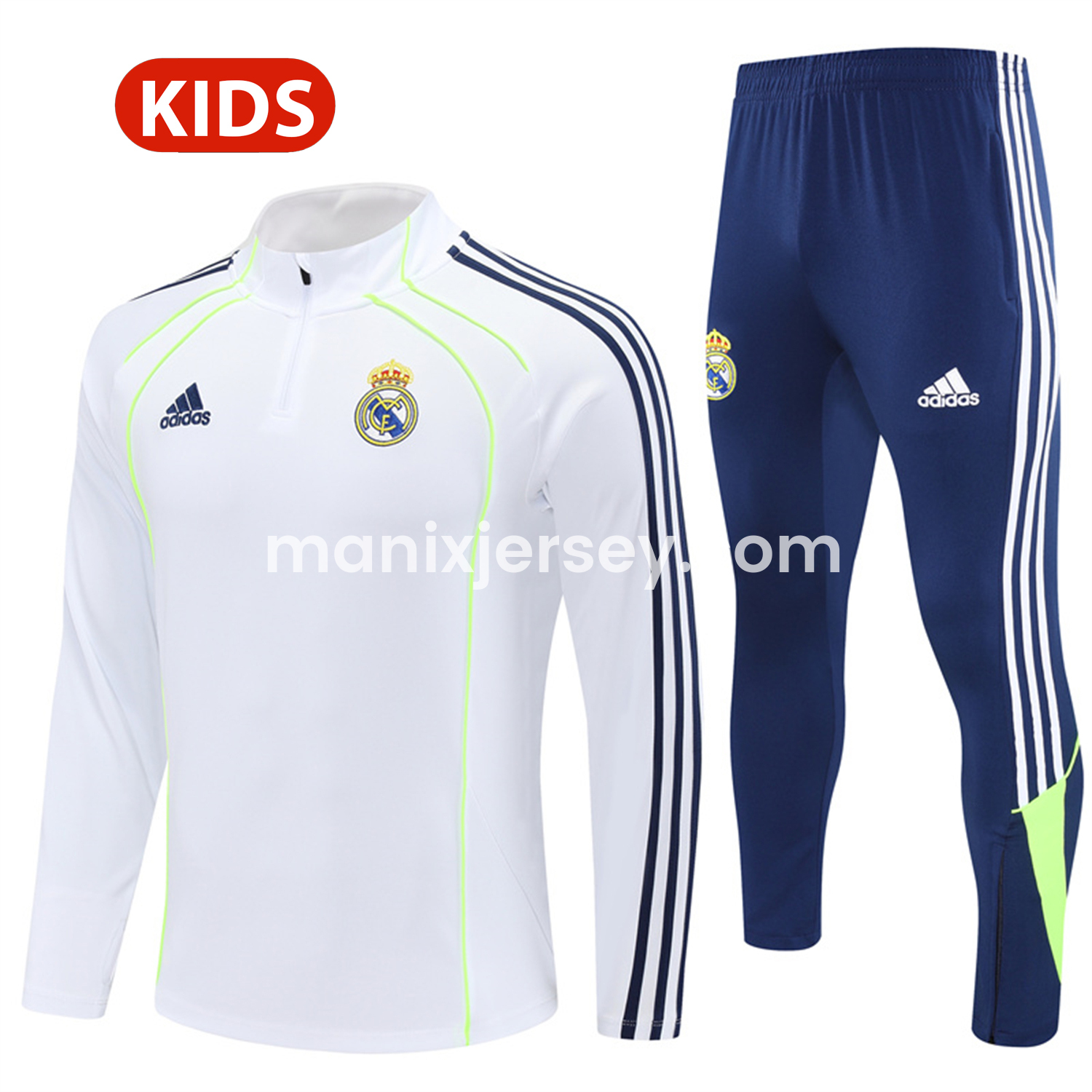 Real Madrid 25-26 Kids Long Sleeves Training Set - Green Line White Top and Blue Pants - ManixJersey