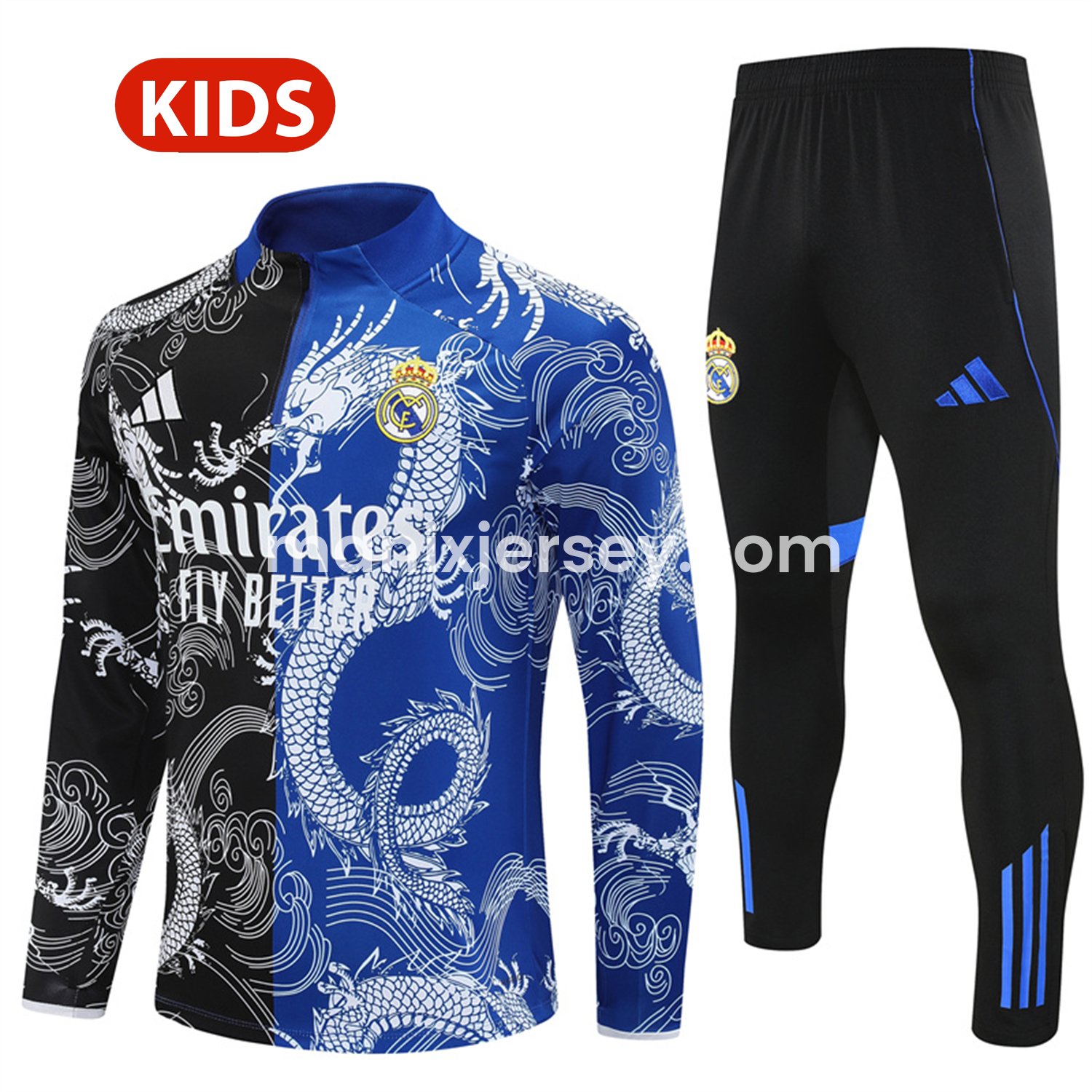 Real Madrid 25-26 Kids Long Sleeve Training Set - White Loong Black Blue Top and Black Pants - ManixJersey