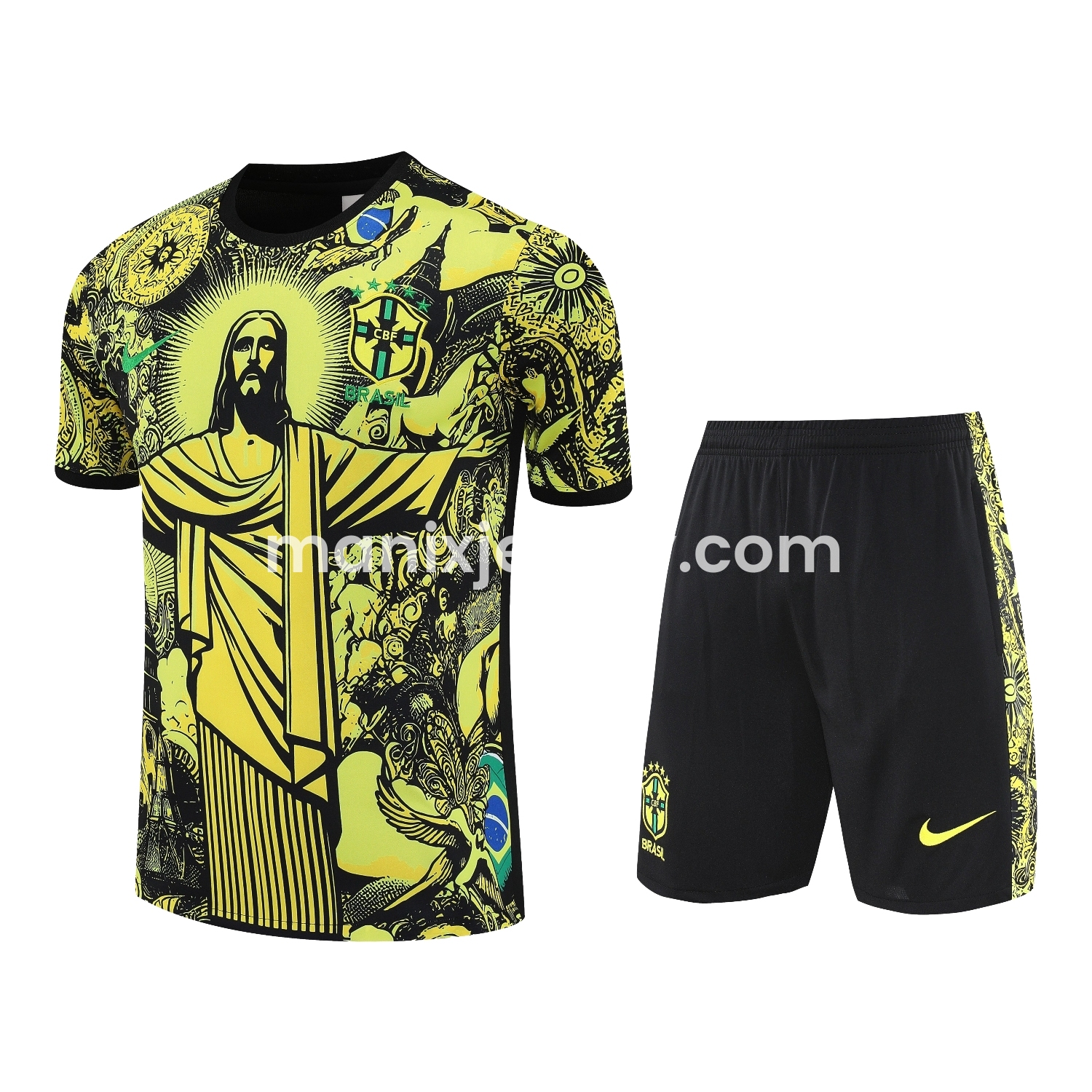Brazil 25-26 Yellow Jesus Statue Short-Sleeve Training Set - Yellow Top & Black Shorts - ManixJersey