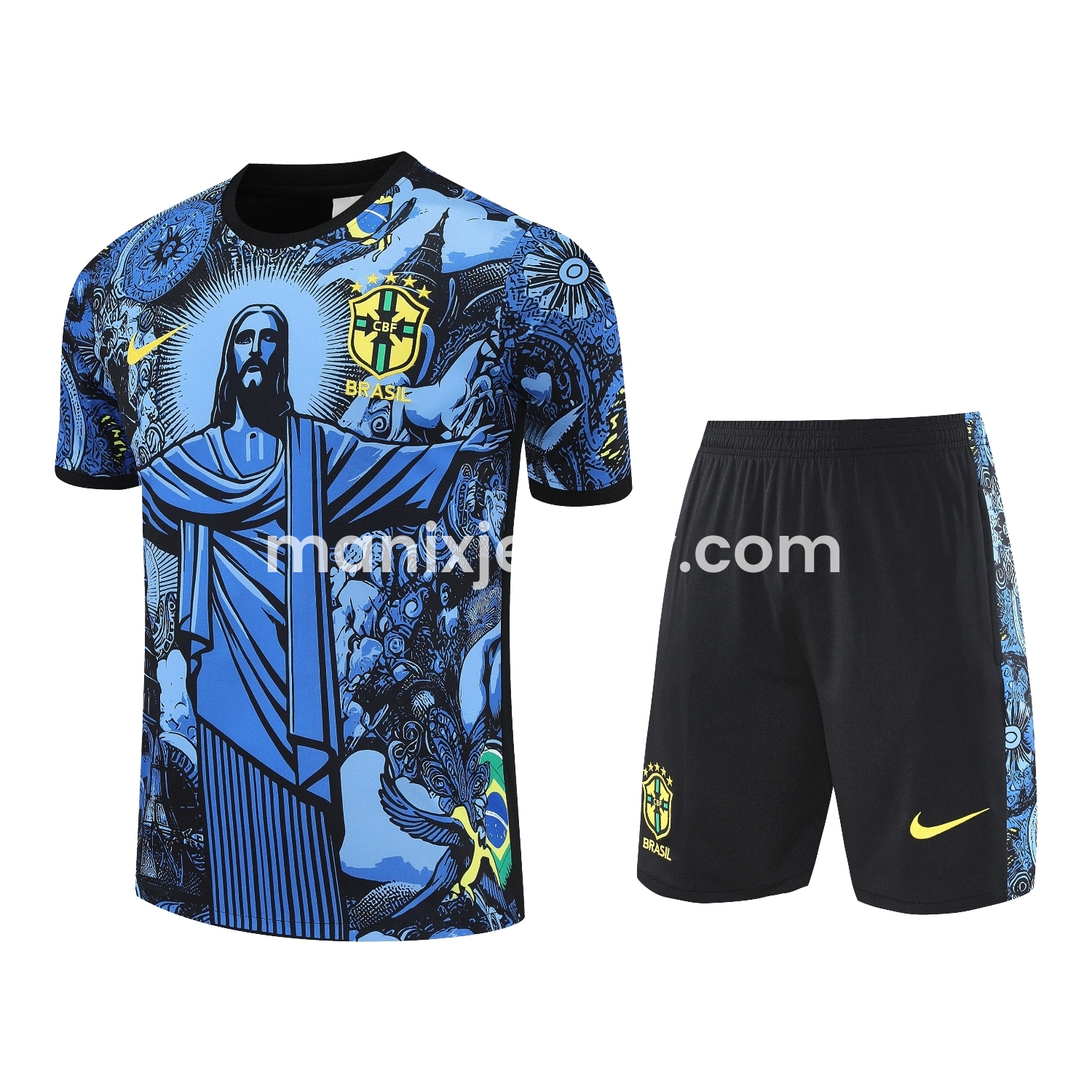Brazil 25-26 Blue Jesus Statue Short-Sleeve Training Set - Blue Top & Black Shorts - ManixJersey