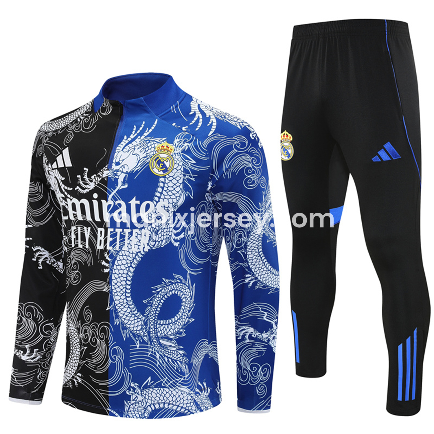 Real Madrid 25-26 Long Sleeve Training Set - White Loong Black Blue Top and Black Pants - ManixJersey