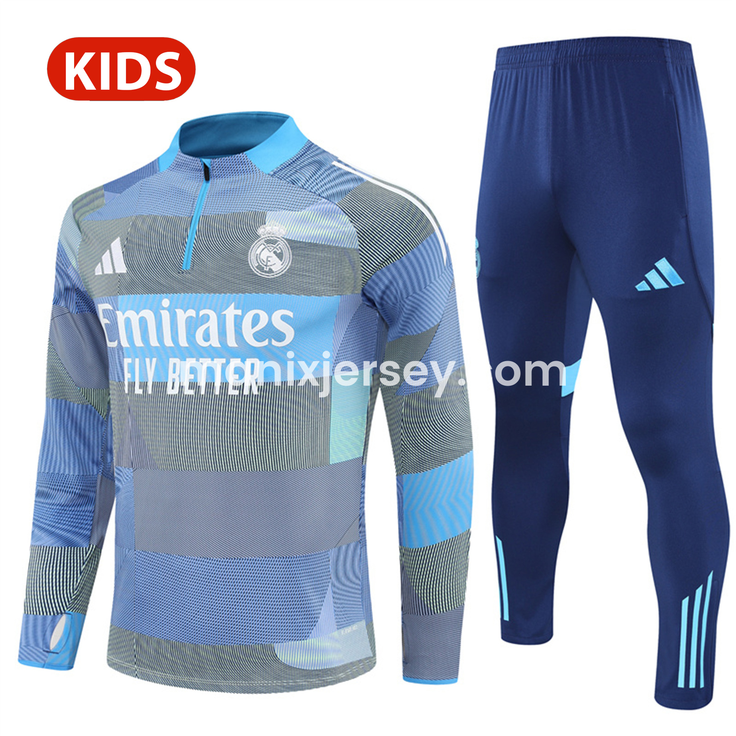 Real Madrid 25-26 Kids Long Sleeves Training Set - Blue-Gray Camouflage Top & Blue Pants - ManixJersey