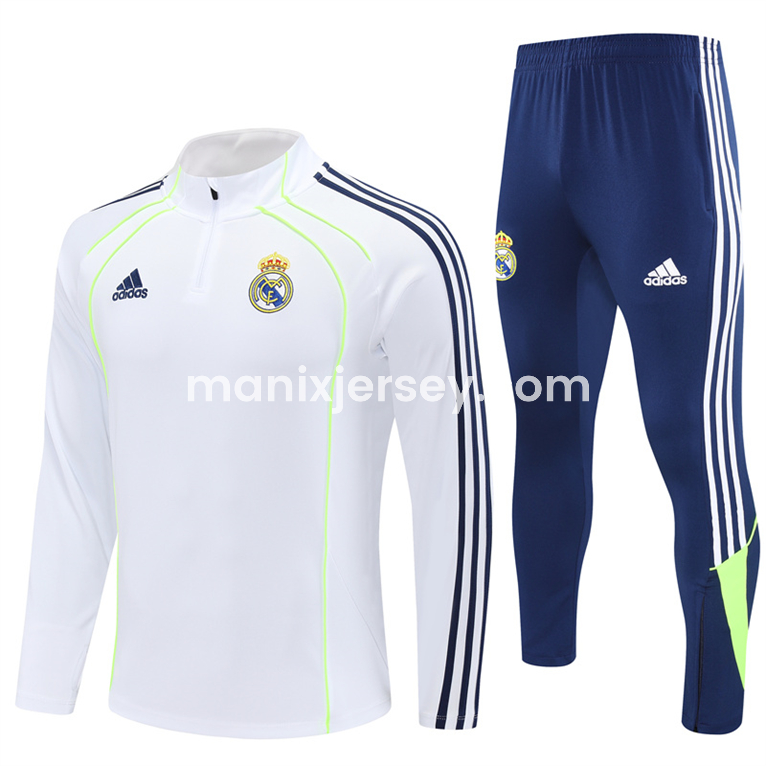 Real Madrid 25-26 Long Sleeve Training Set - Green Line White Top and Blue Pants - ManixJersey