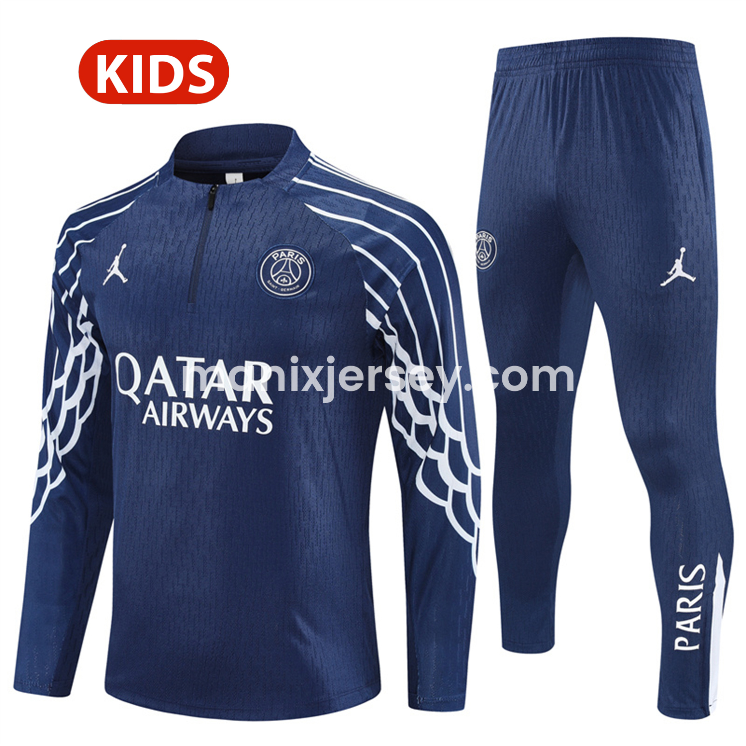 Paris Saint-Germain PSG 25-26 Kids Long Sleeve Training Set - JD White Wing Royal Blue Top and Pants - ManixJersey