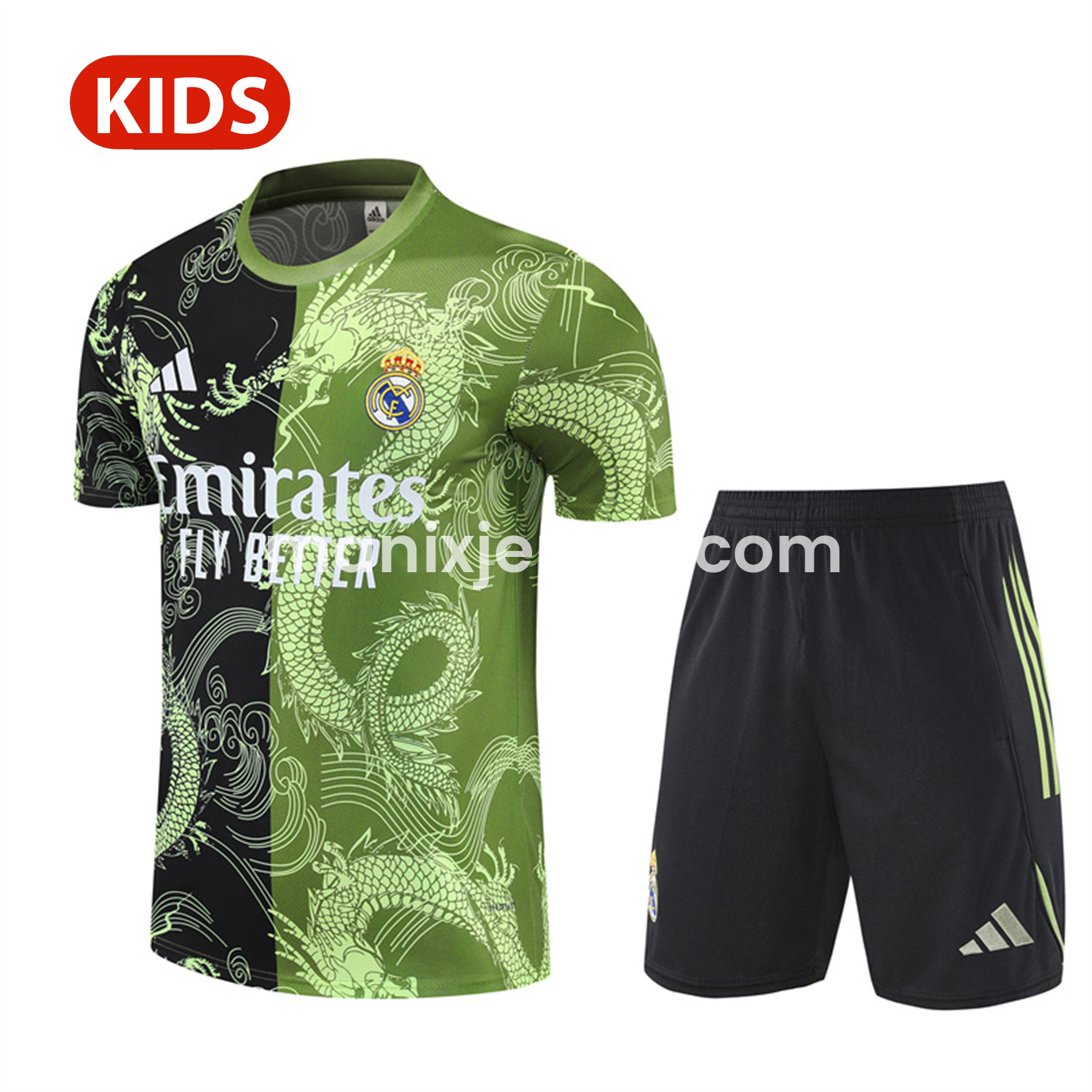 Real Madrid 25-26 Kid Short-Sleeve Training Set - Green Black Top & Black Shorts - ManixJersey