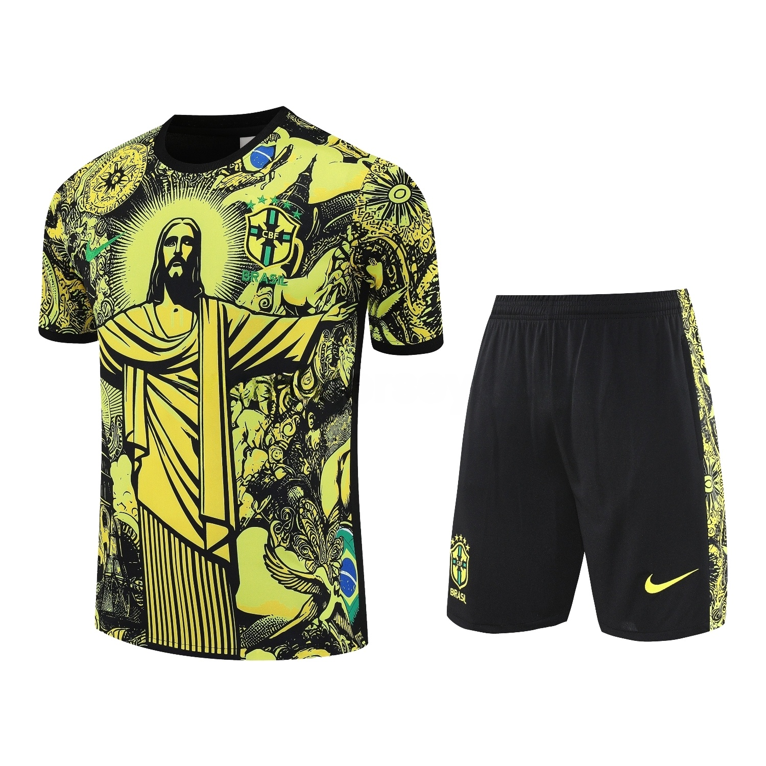 Brazil 25-26 Yellow Jesus Statue Short-Sleeve Training Set - Yellow Top & Black Shorts - ManixJersey