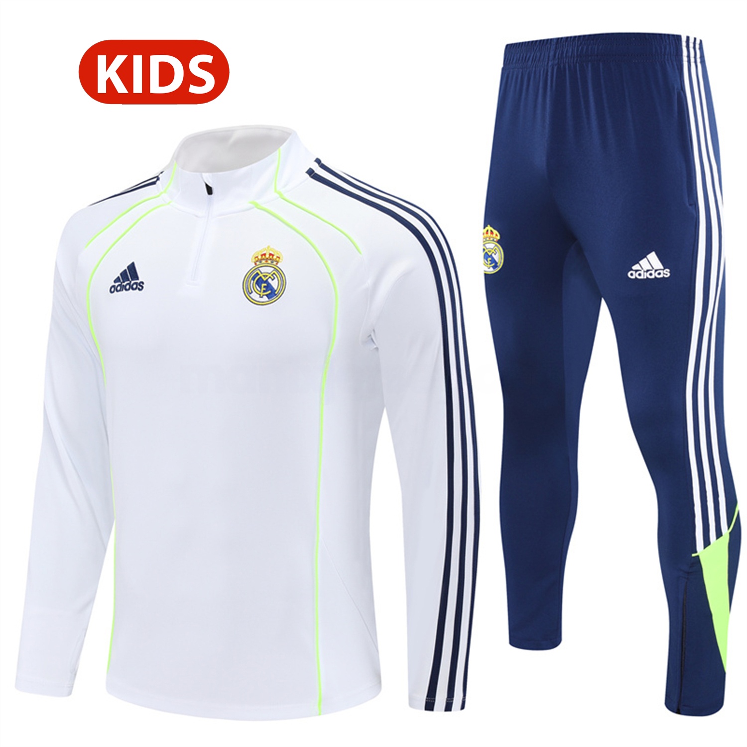 Real Madrid 25-26 Kids Long Sleeves Training Set - Green Line White Top and Blue Pants - ManixJersey