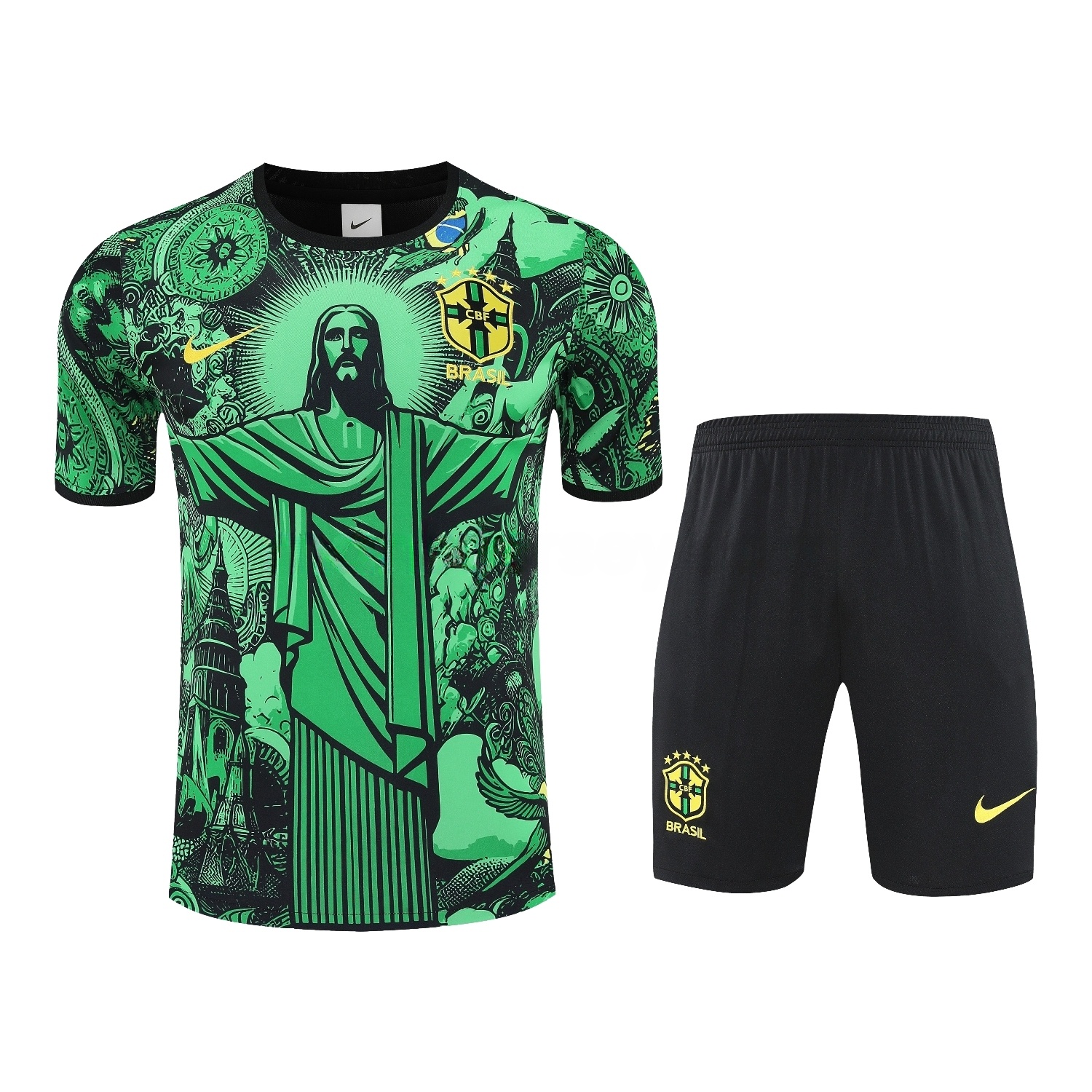 Brazil 25-26 Green Jesus Statue Short-Sleeve Training Set - Green Top & Black Shorts - ManixJersey