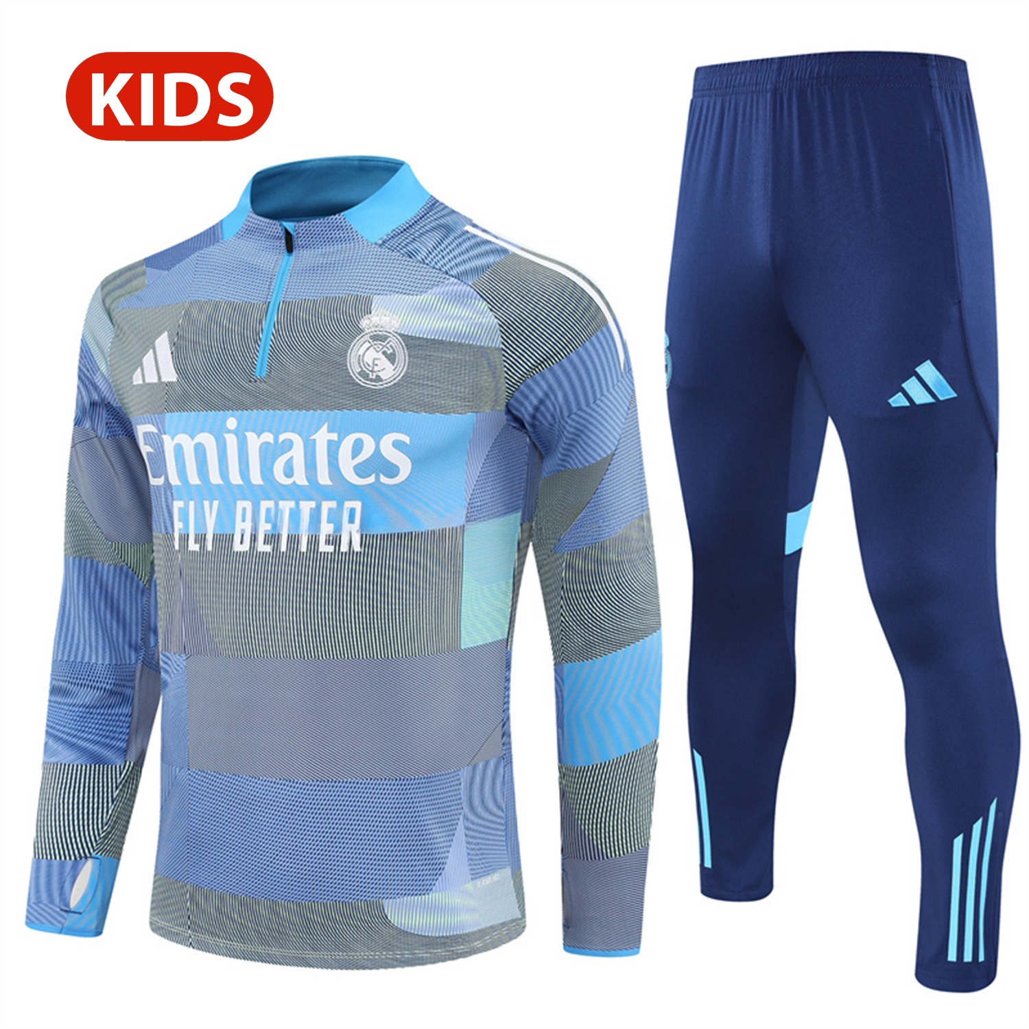Real Madrid 25-26 Kids Long Sleeves Training Set - Blue-Gray Camouflage Top & Blue Pants - ManixJersey