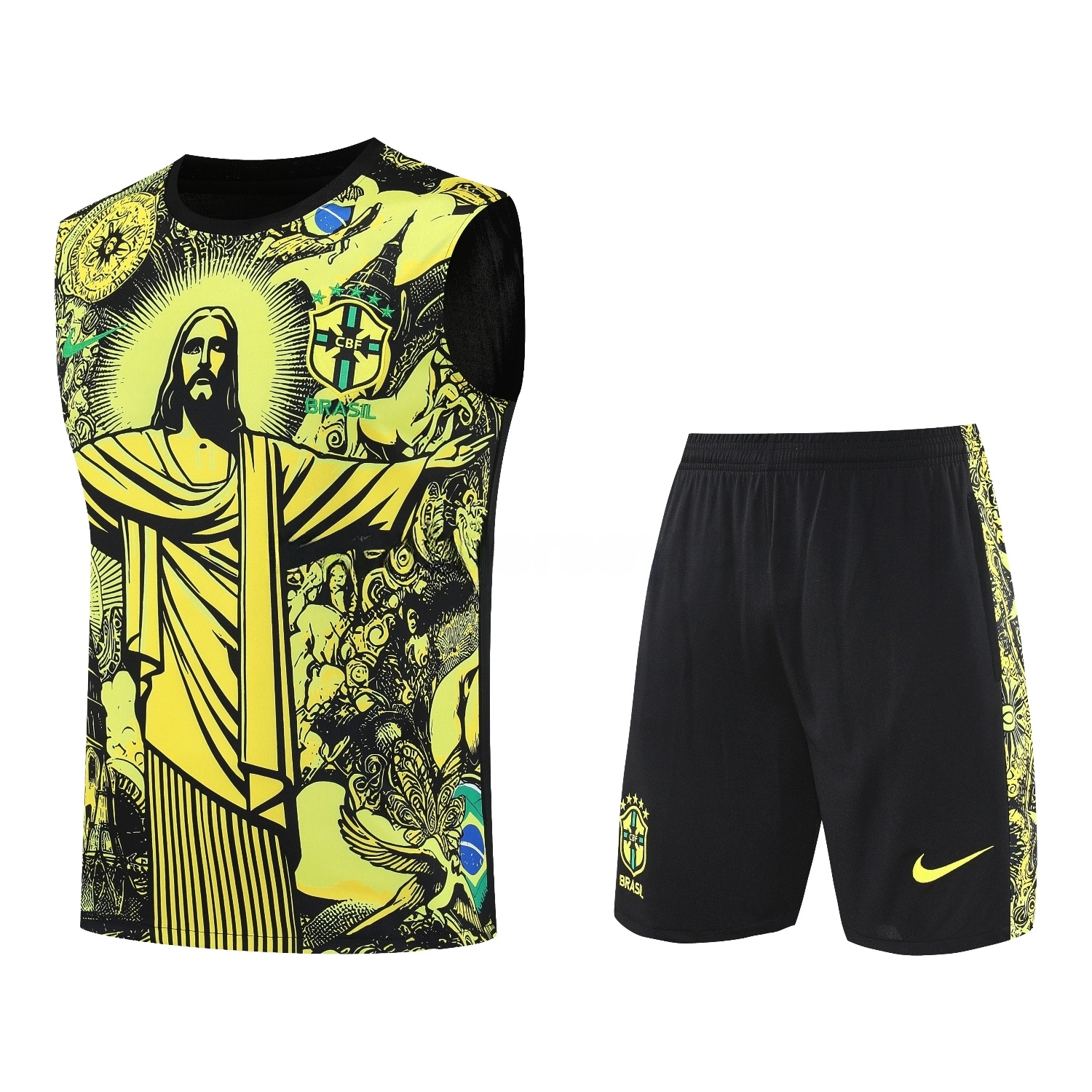 Brazil 25-26 Yellow Jesus Statue Vest Training Set - Yellow Vest & Black Shorts - ManixJersey