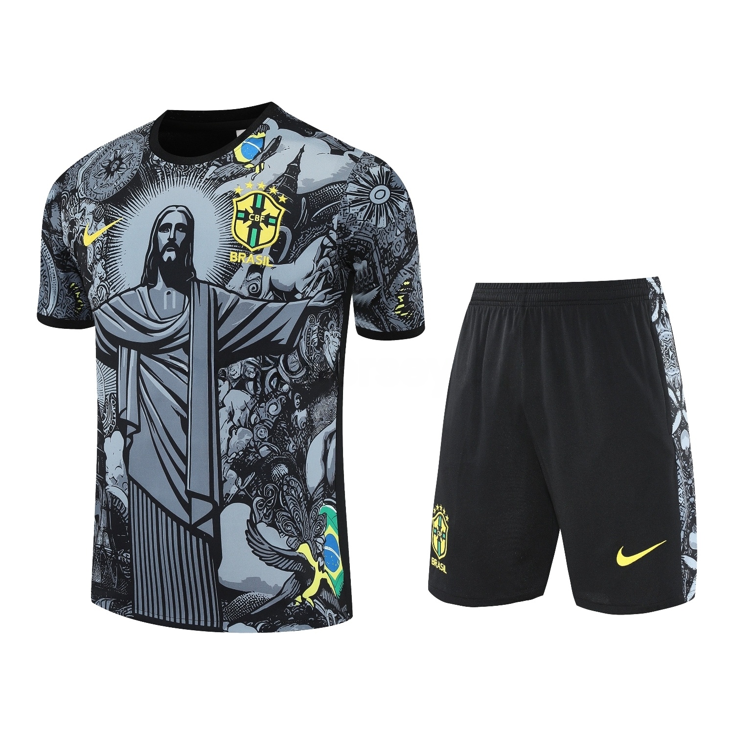 Brazil 25-26 Gray Jesus Statue Short-Sleeve Training Set - Gray Top & Black Shorts - ManixJersey